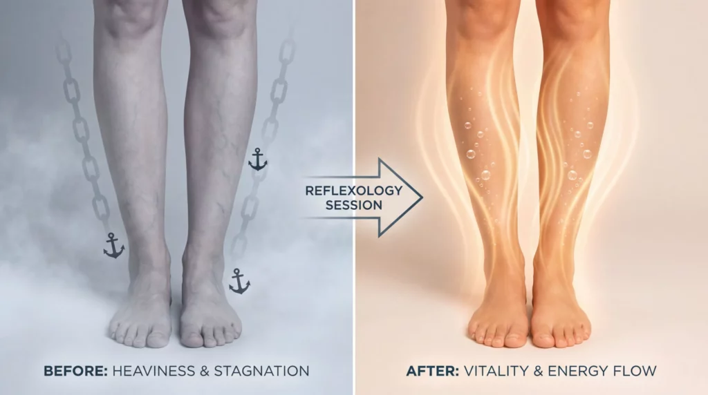 Réflexologie plantaire : Le travail réflexe stimule directement vos systèmes circulatoires, améliorant l'irrigation de tous vos tissus et facilitant l'élimination des déchets métaboliques.