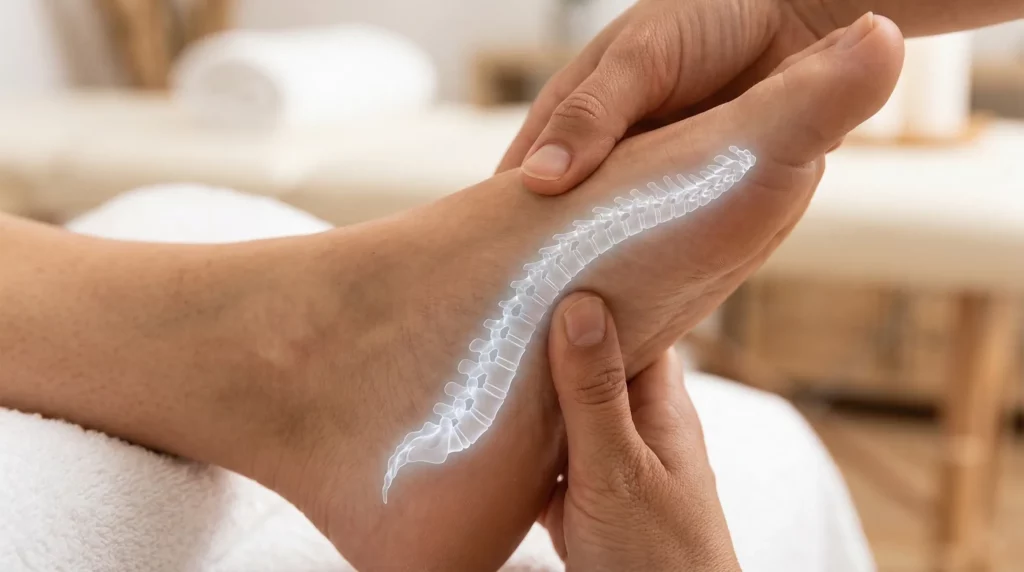 La cartographie de votre colonne vertébrale sur vos pieds. Votre colonne vertébrale se projette intégralement sur le bord interne de chaque pied. Caby thérapeute.