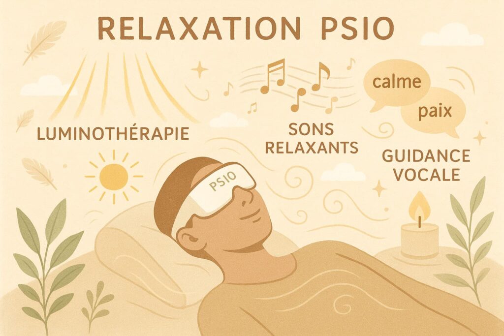 Relaxation Psio : pour une détente profonde et un sommeil réparateur : méthode de détente guidée unique qui associe trois leviers thérapeutiques complémentaires pour créer une expérience multisensorielle exceptionnelle